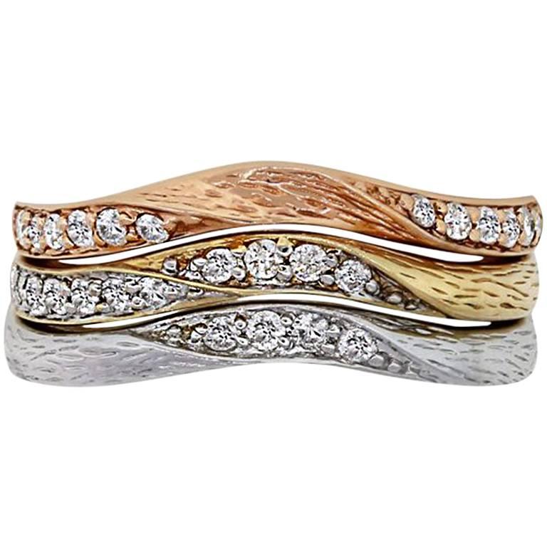 Set of Three Tri Color Round Diamond Stackable Rings