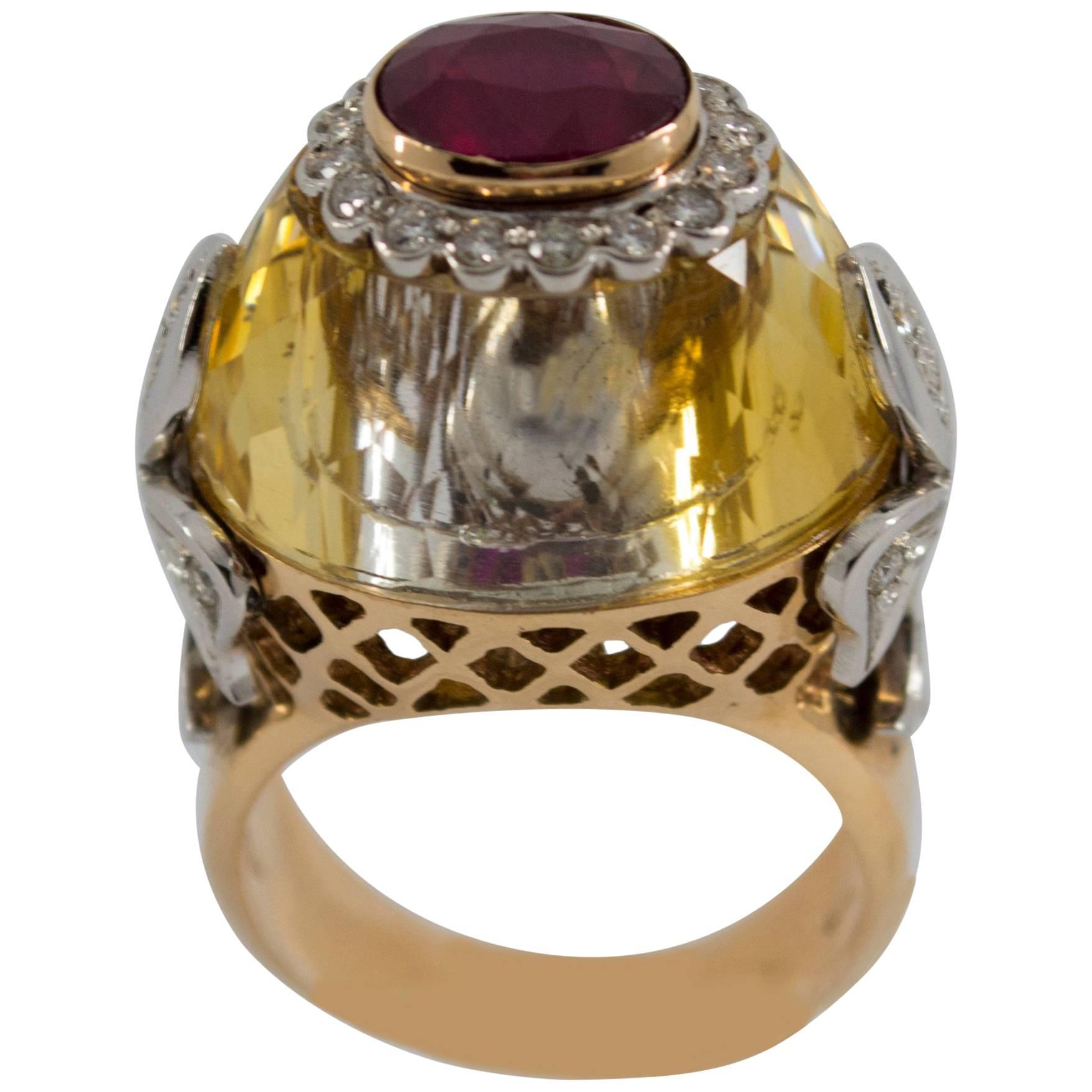 1.20 Carat Ruby Diamond Citrine Yellow Gold Cocktail Ring