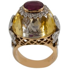 1.20 Carat Ruby Diamond Citrine Yellow Gold Cocktail Ring