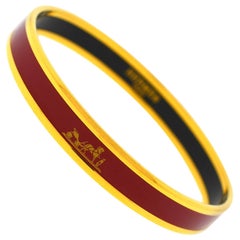 Hermes Thin Gold Bangle Bracelet with Red Enamel and Dustbag