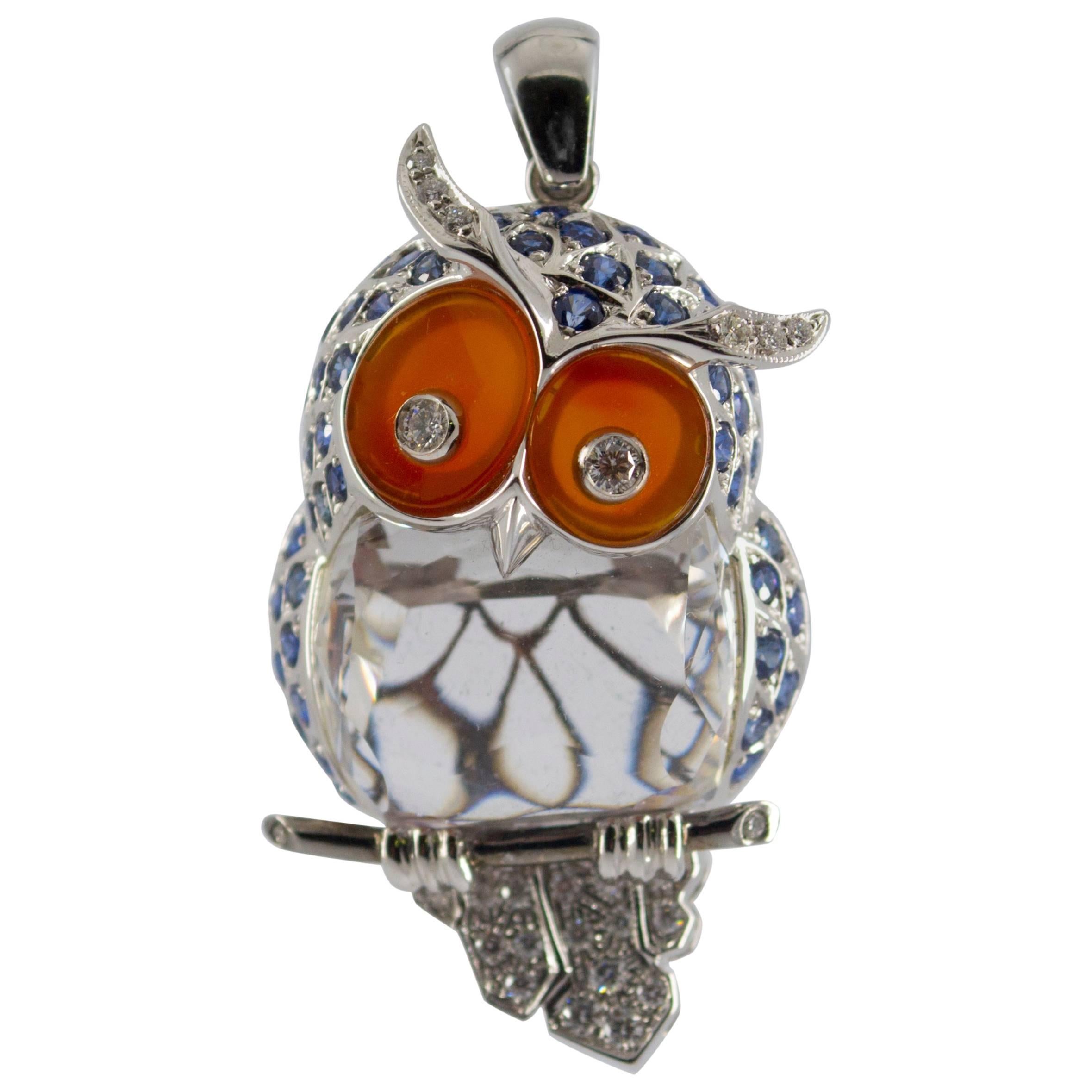 4.10 Carat Sapphire Diamond White Gold Owl Pendant Necklace