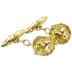 Art Nouveau 18 Karat Yellow Gold Lion Head and Diamond Cufflinks