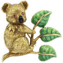 Retro 18 Karat Yellow Gold Green and Black Enamel Koala with Ruby Eyes Brooch