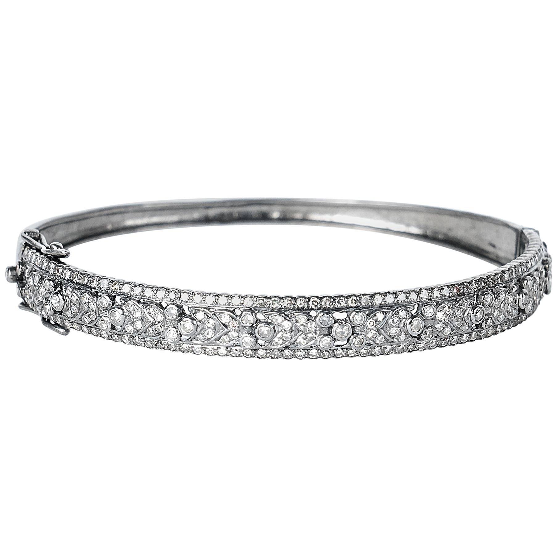 Liza Beth Glistening Diamond Vintage Floral Hinged Silver Bangle Bracelet