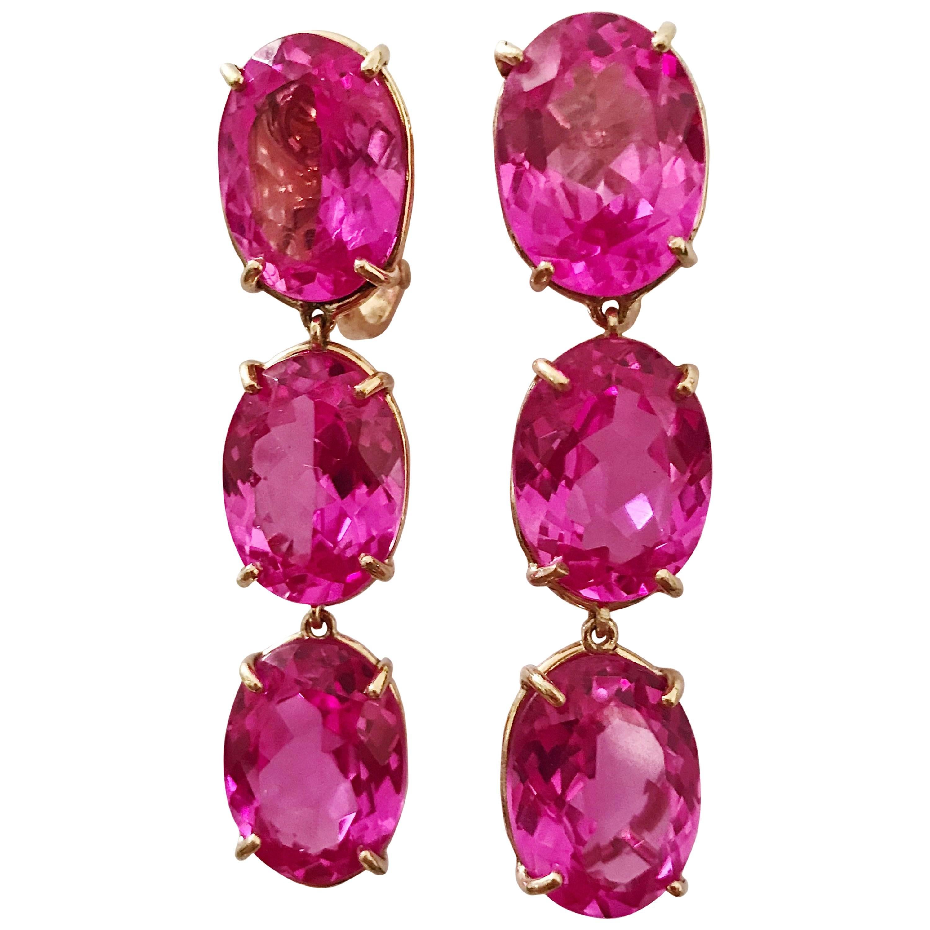 Elegant Three-Stone Drop Earrings with Pink Topaz For Sale