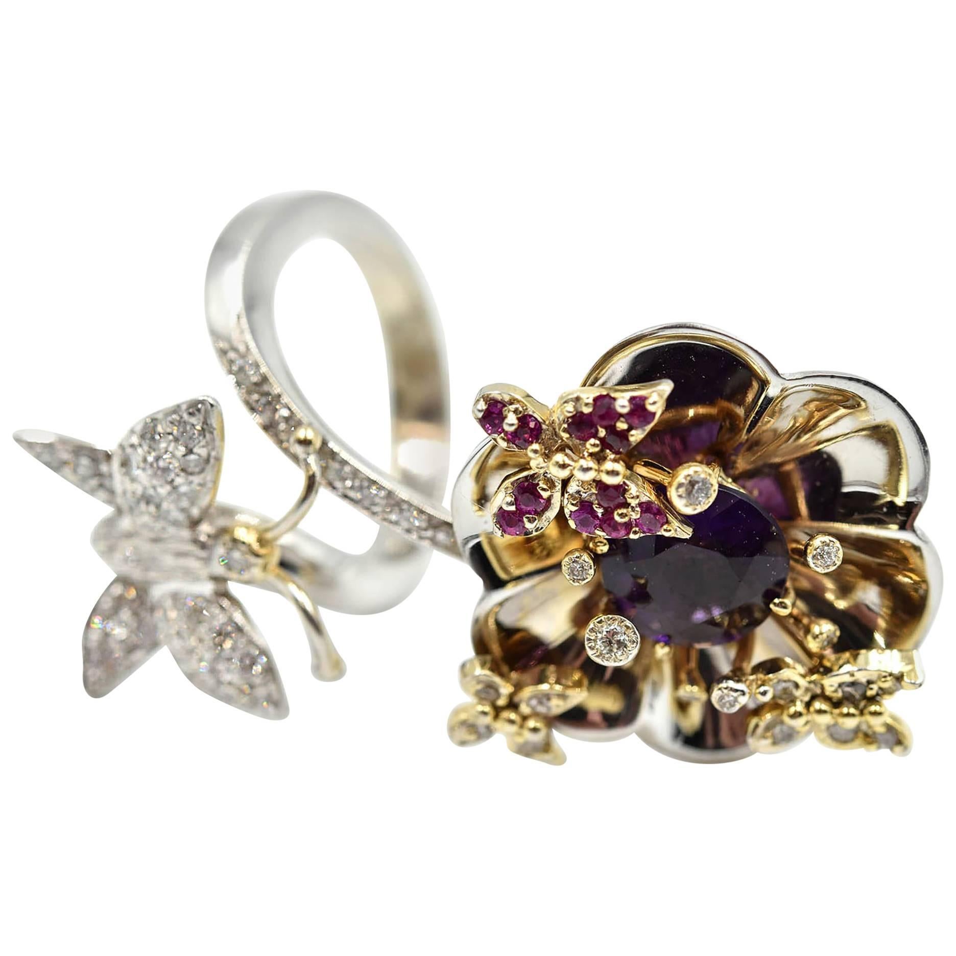 Amethyst, Ruby and Diamond Flower and Butterfly Two-Tone Cocktail Ring