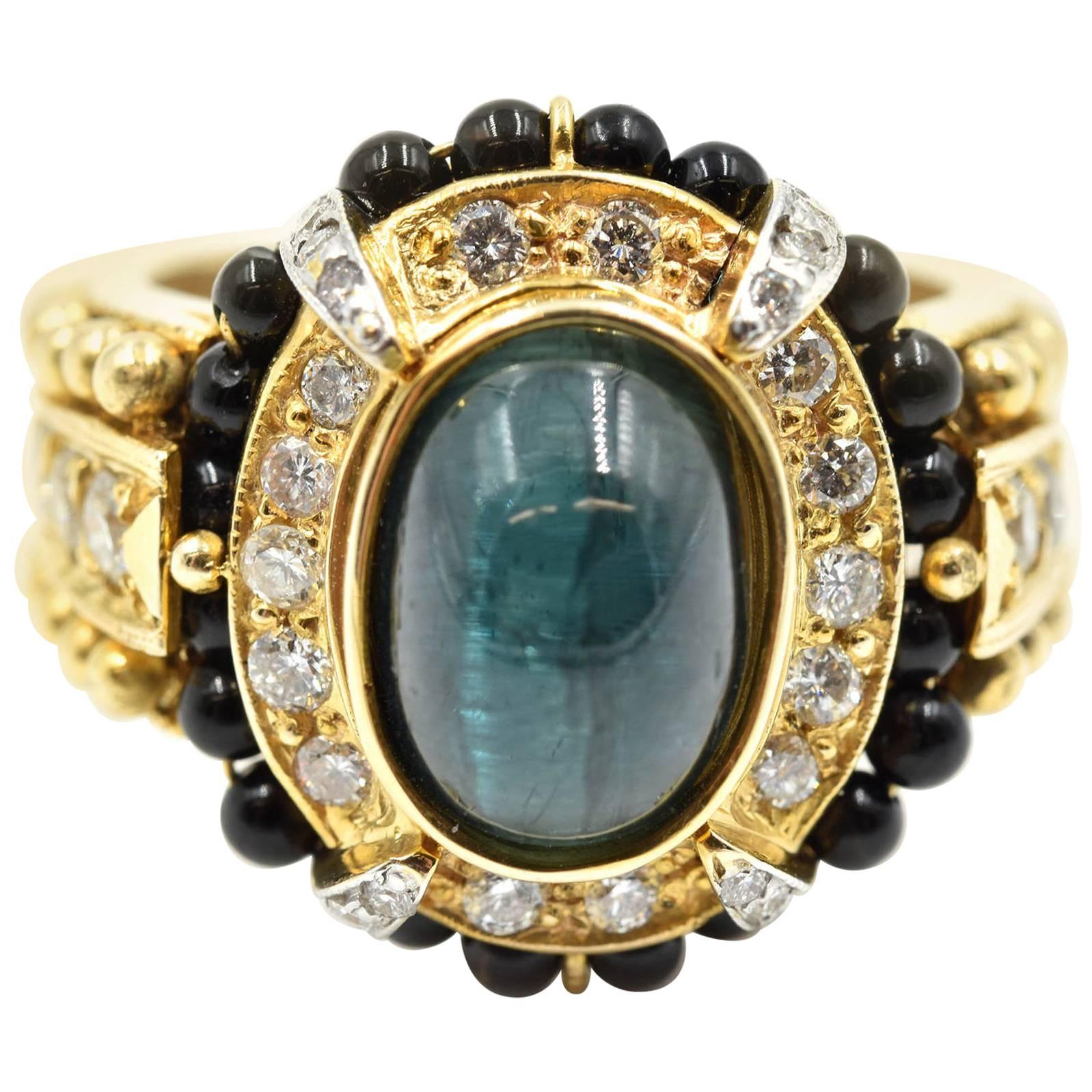 Cats Eye Green Tourmaline and 1.21 Carat Diamond Cocktail Ring 14 Karat Gold