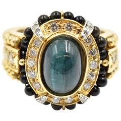 Cats Eye Green Tourmaline and 1.21 Carat Diamond Cocktail Ring 14 Karat Gold