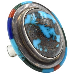 Sterling Silver and Turquoise Ring with Gemstone Inlay