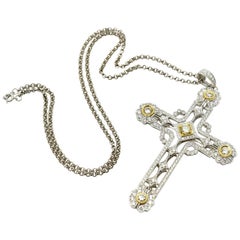 3.52 Carat White and Yellow Diamond Cross Pendant on Necklace 18 Karat Gold