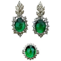 Cabochon Emerald and Diamond Earring and Ring Suite