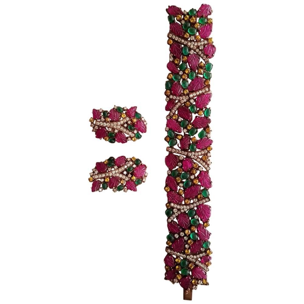 Carved Ruby, Emerald, Sapphire and Diamond 18K Gold Bracelet and Earring Suite