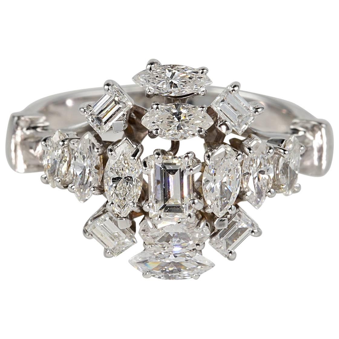 Midcentury Quite Unique and Distinctive Diamond Cluster Ring For Sale