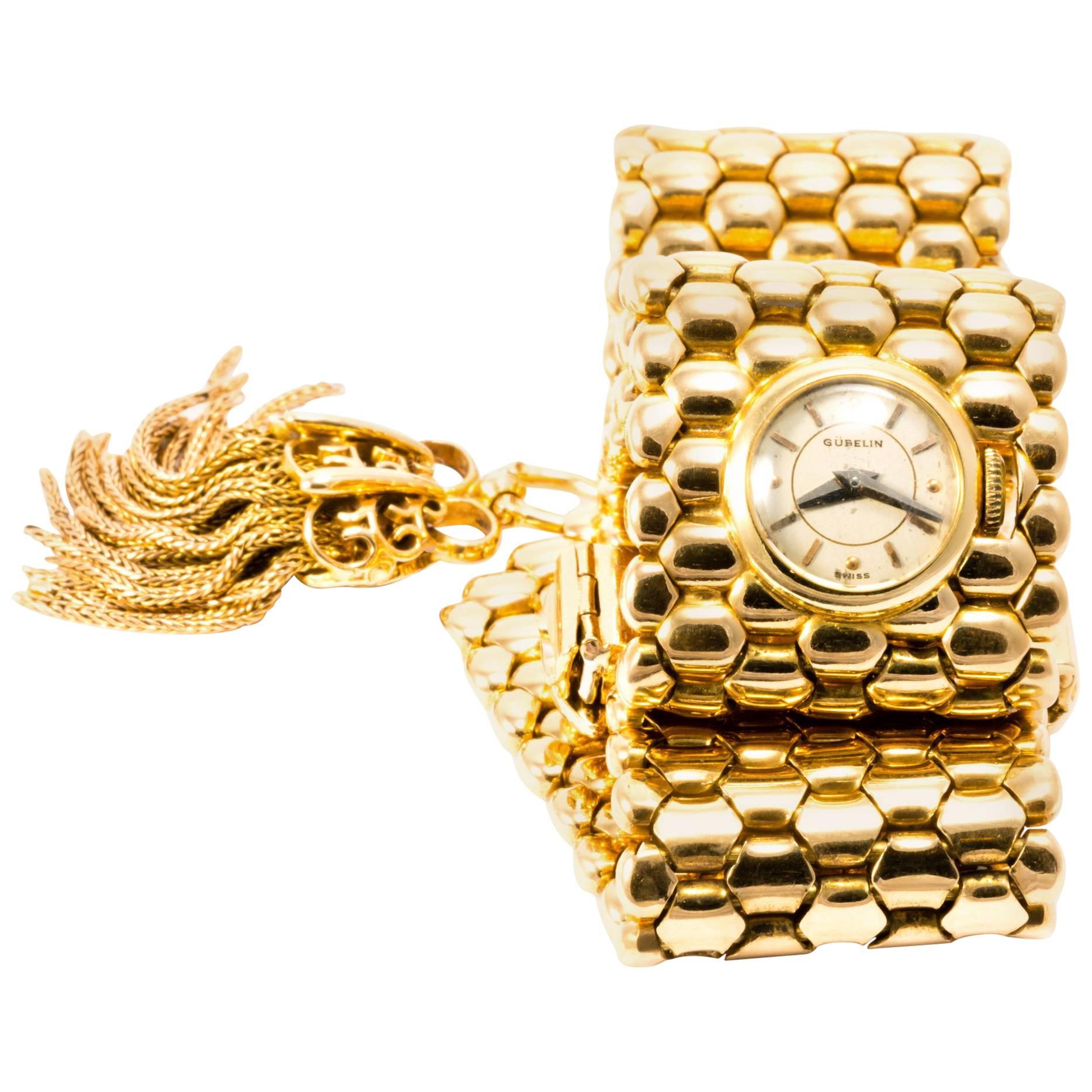 Gubelin 1950 18K Gold Mesh Tassel Mistery Wristwatch Gold Bracelet For Sale