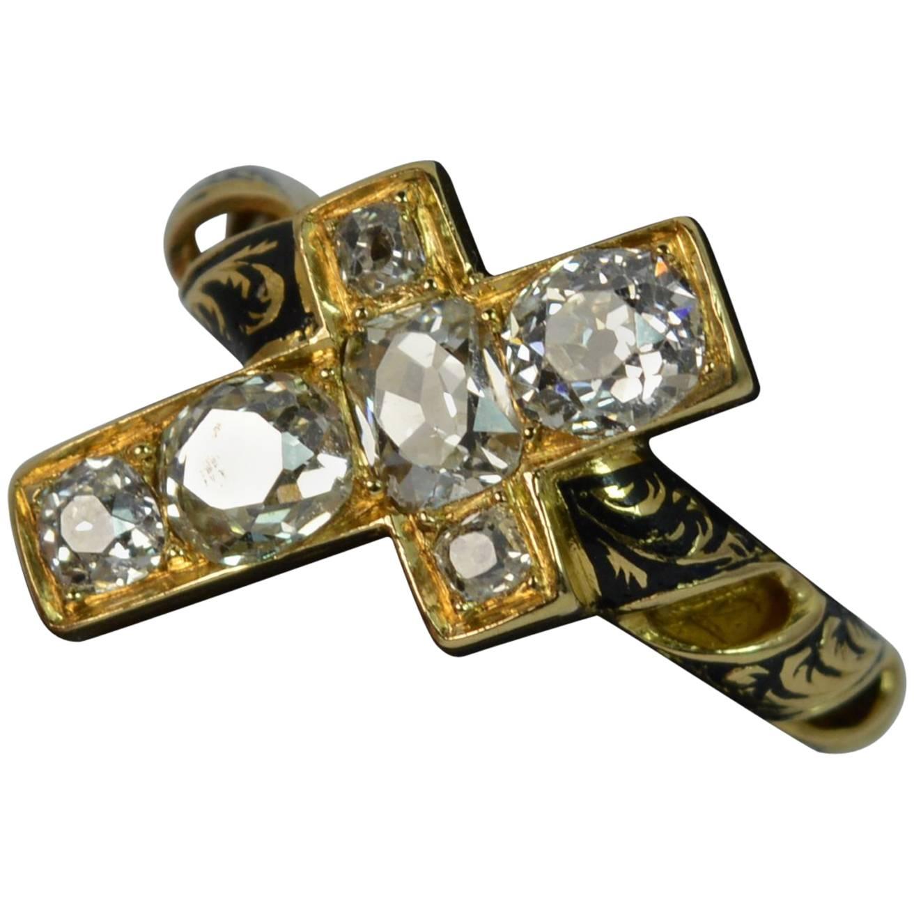 1.60 Carat VS Old Cut Diamond 18 Carat Gold and Enamel Cross Mourning Ring