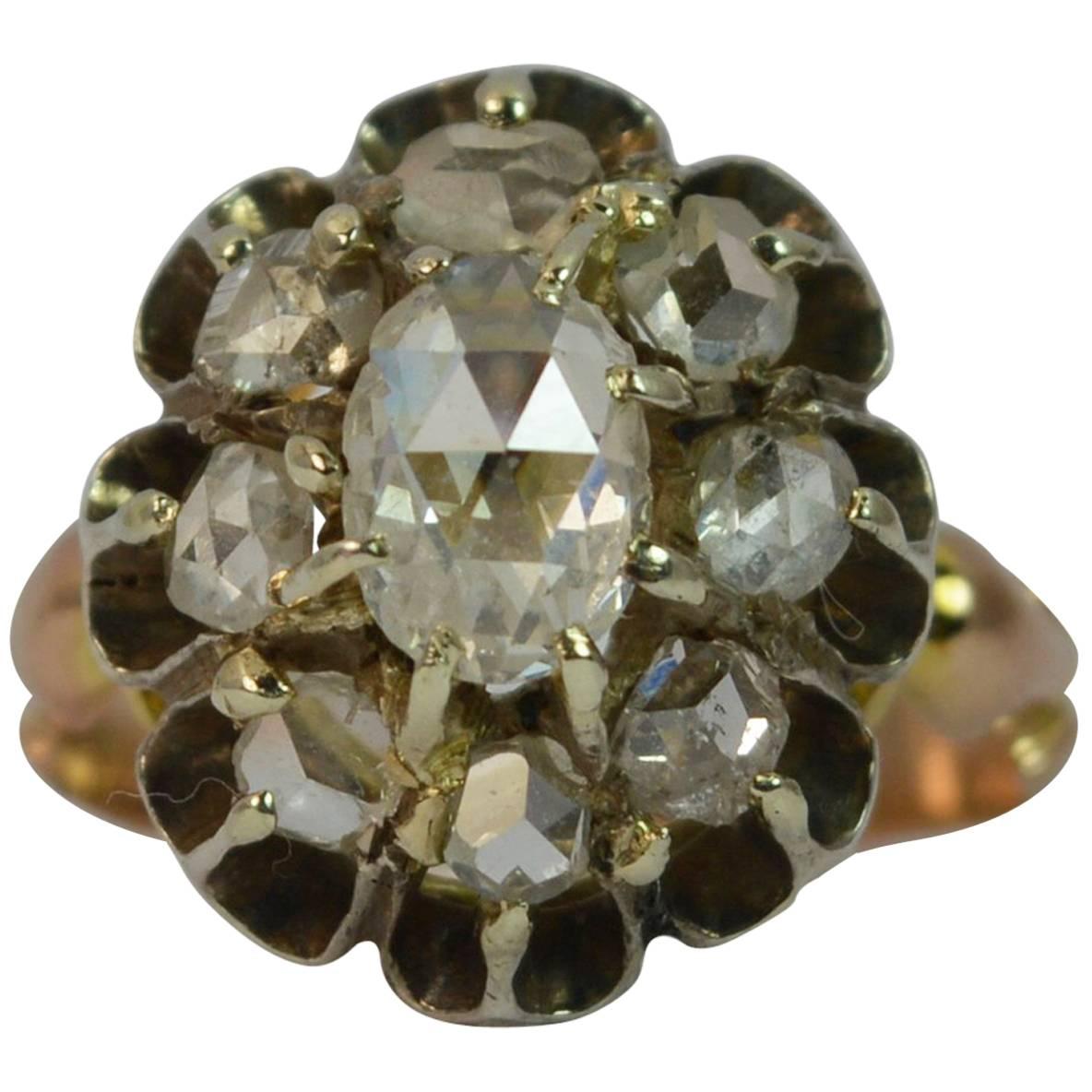 Antique Rose Cut Diamond Cluster 15 Carat Rose Gold Ring