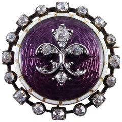 Late Victorian Purple Guilloche Enamel and Diamond Mourning Locket Brooch