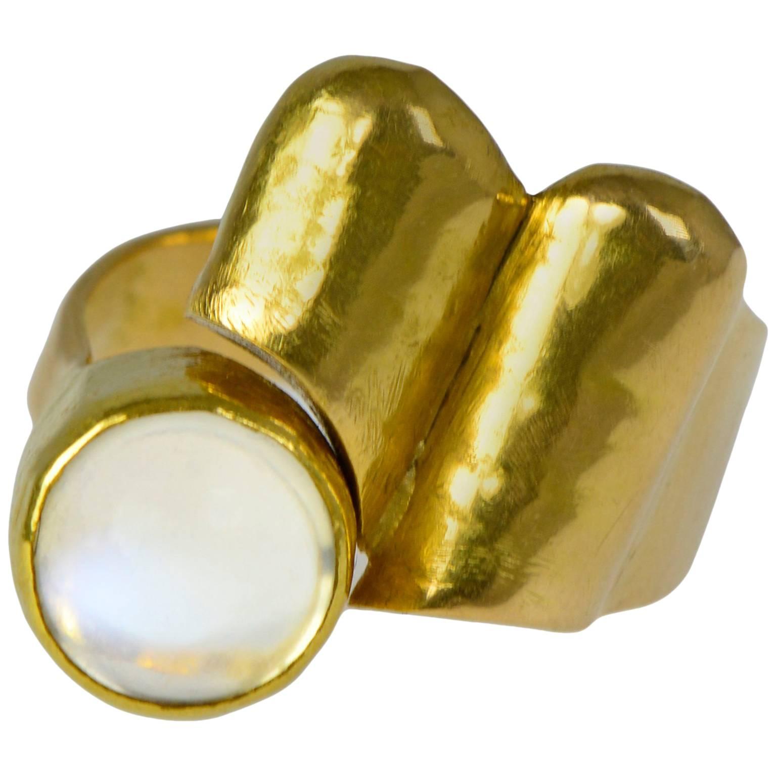 1960s Christa Bauer, Modernist Moonstone and Gold Ring