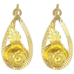 French 1960s 18 Carat Yellow Gold Retro Roses Drop Earrings