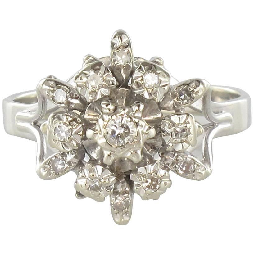 French 1970s Retro Diamond 18 Karat White Gold SnowFlake Engagement Ring 
