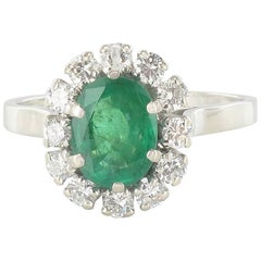 French Vintage 1960s Emerald Diamond White Gold Pompadour Engagement Ring 