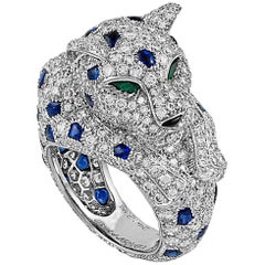 Cartier Diamond Sapphire Spots Onyx and Emerald Eyed Panther Ring