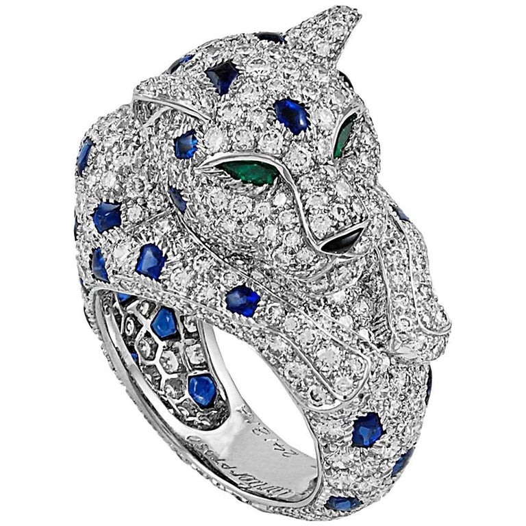 Cartier Diamond Sapphire Spots Onyx and Emerald Eyed Panther Ring For Sale