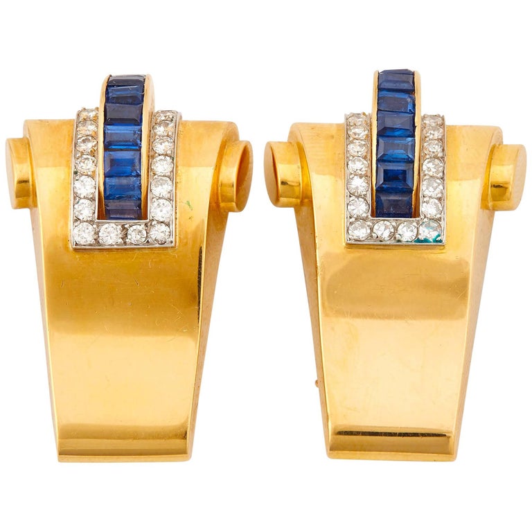 Boucheron 18K Yellow Gold Diamond and Sapphire Double Clips Brooch Retro 1940s For Sale