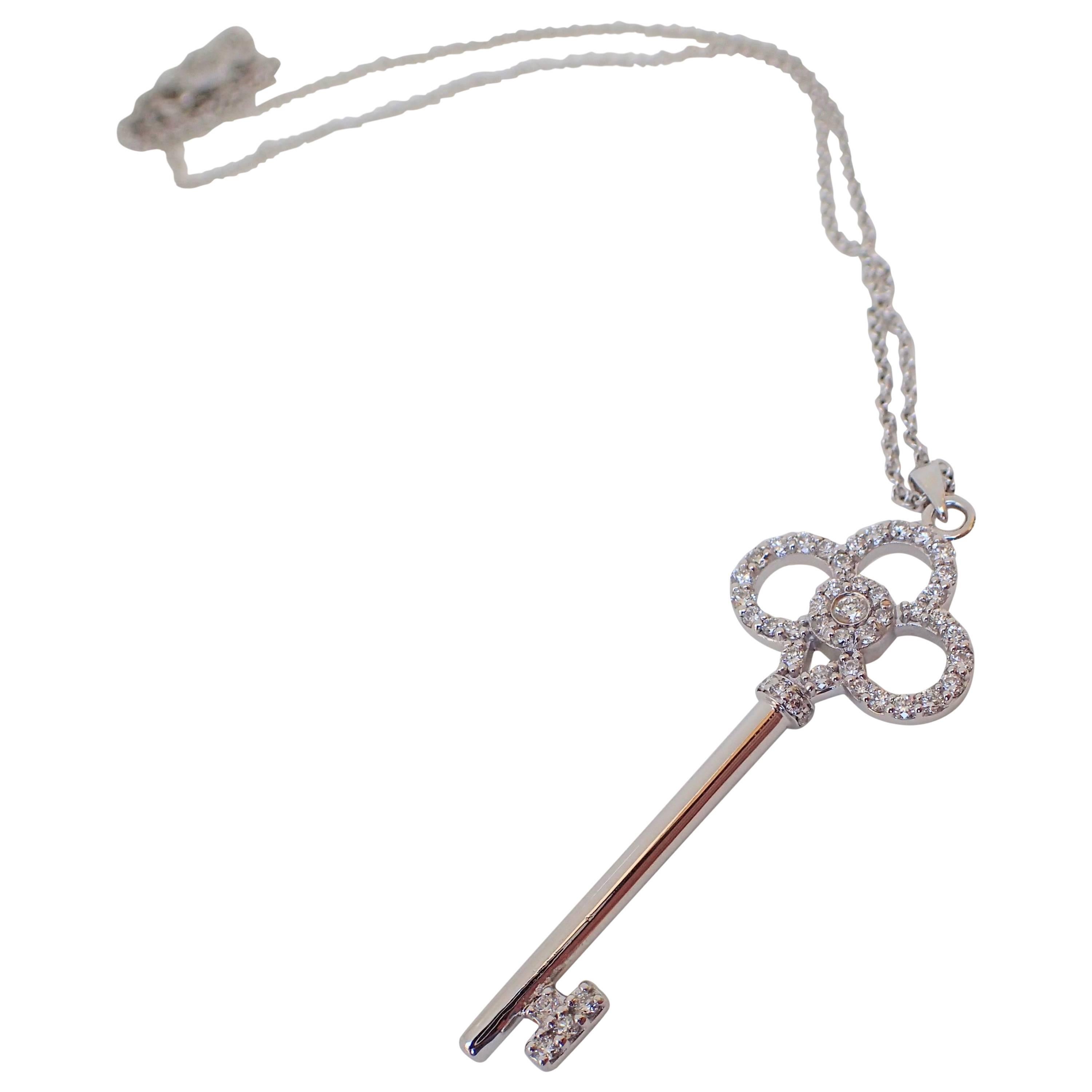 Contemporary 18 Karat White Gold Key Pendant with 0.43 Carat of Diamond on Cable Chain For Sale