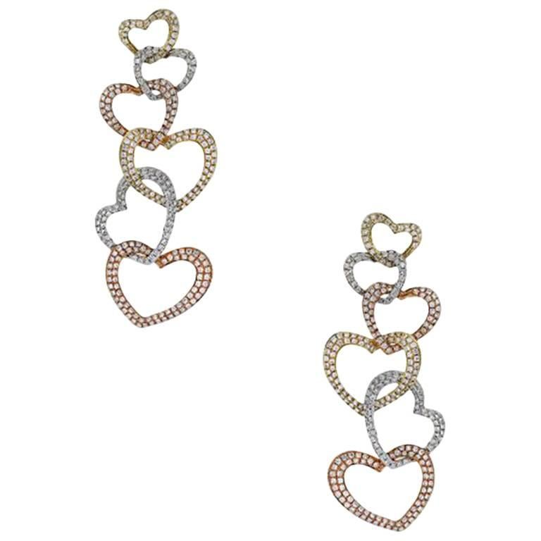 Tri Color Diamond Heart Dangle Earrings Earrings
