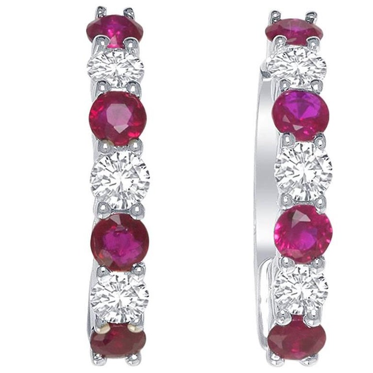 Ladies 14 Karat White Gold Ruby and Diamond Alternate Hoop Earrings at