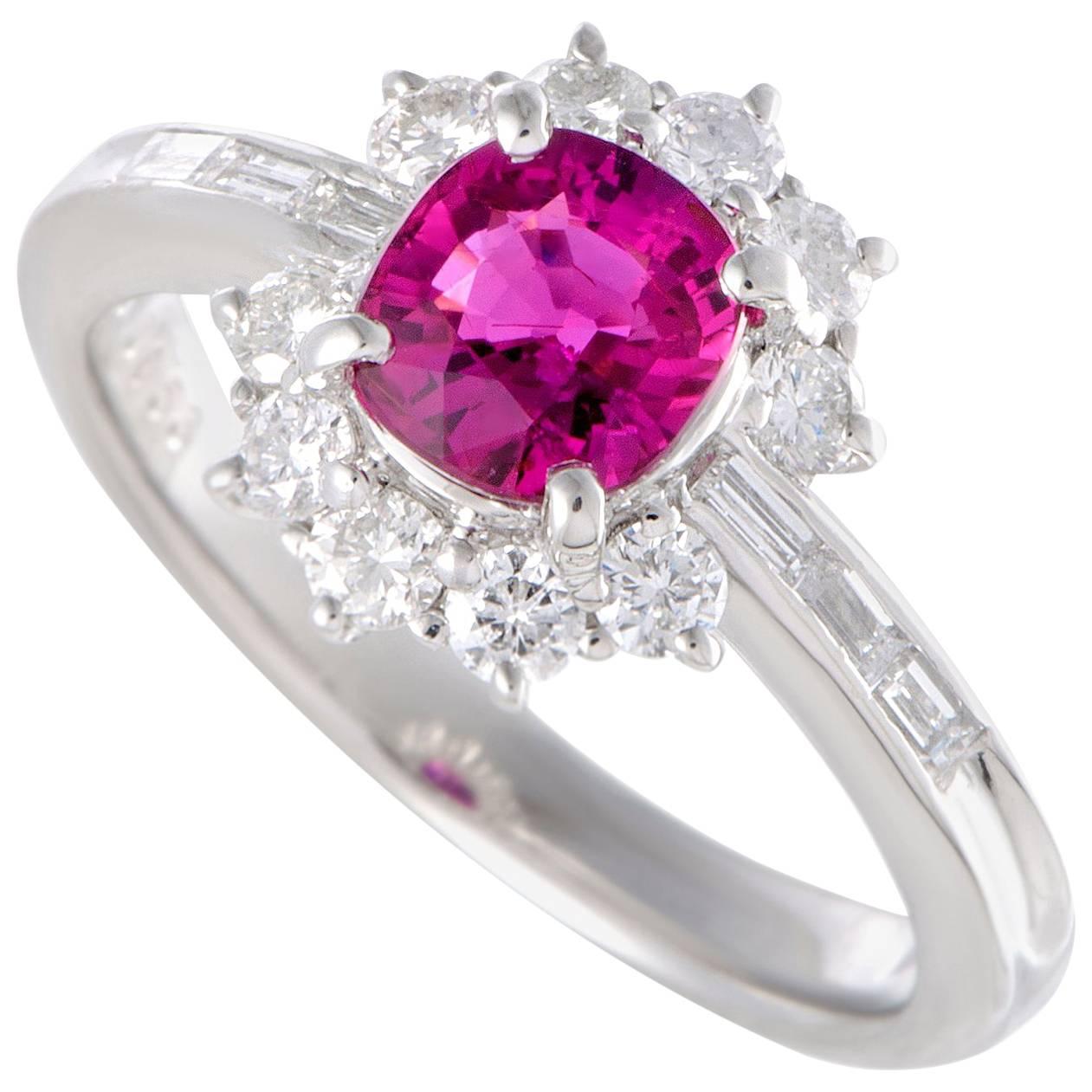 Ruby and Diamond Platinum Flower Ring