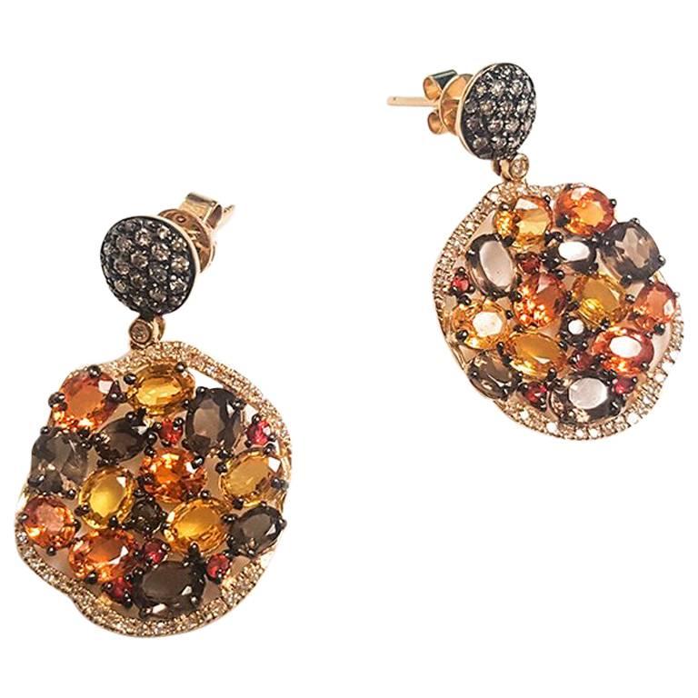 Ladies 14 Karat Yellow Gold Multi Colors Stone and Diamond Earrings For Sale