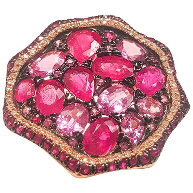 Ladies 14 Karat Rose Gold Pink Sapphire and Rubies Ring with Diamonds For Sale