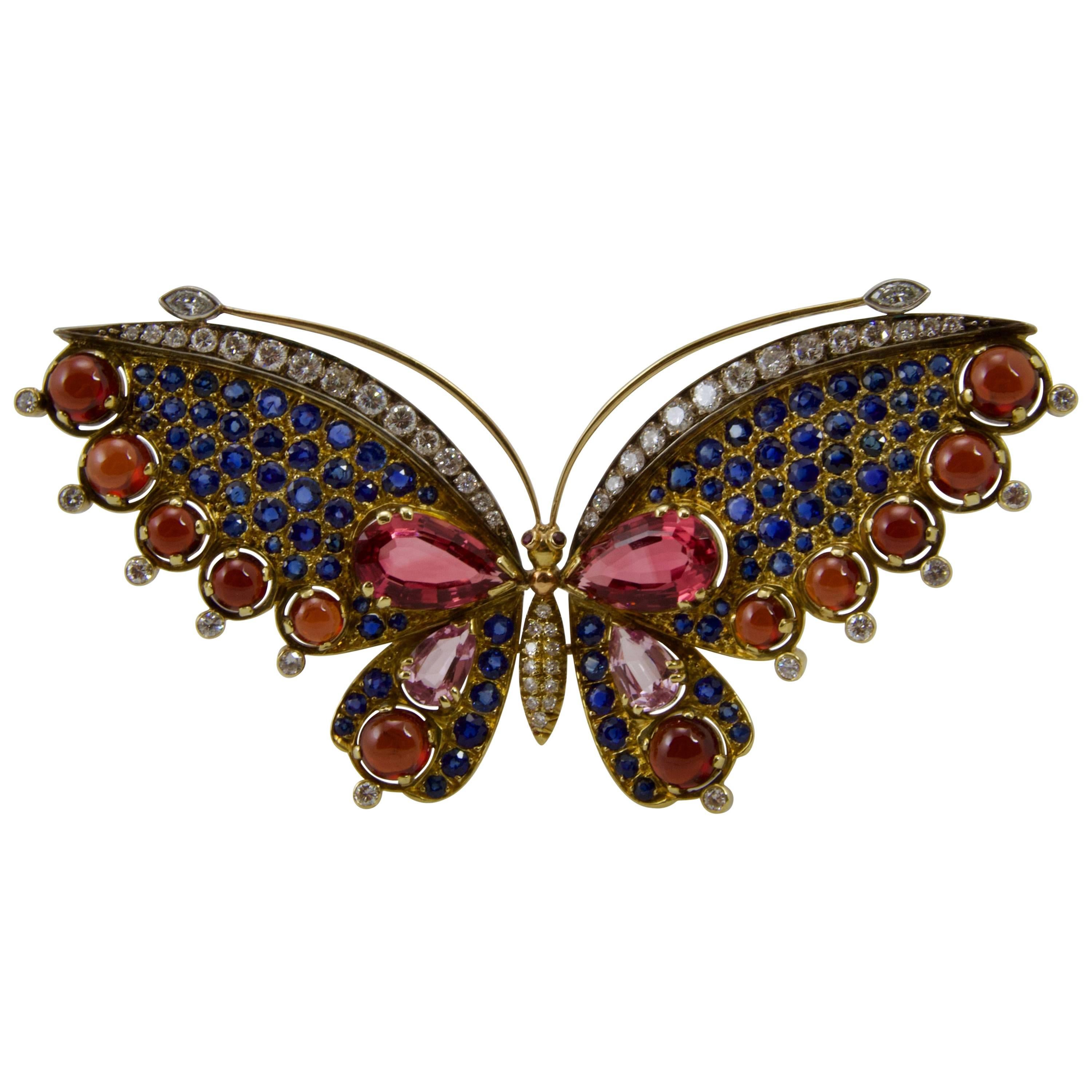 French Multi-Gem Butterfly Pin For Sale