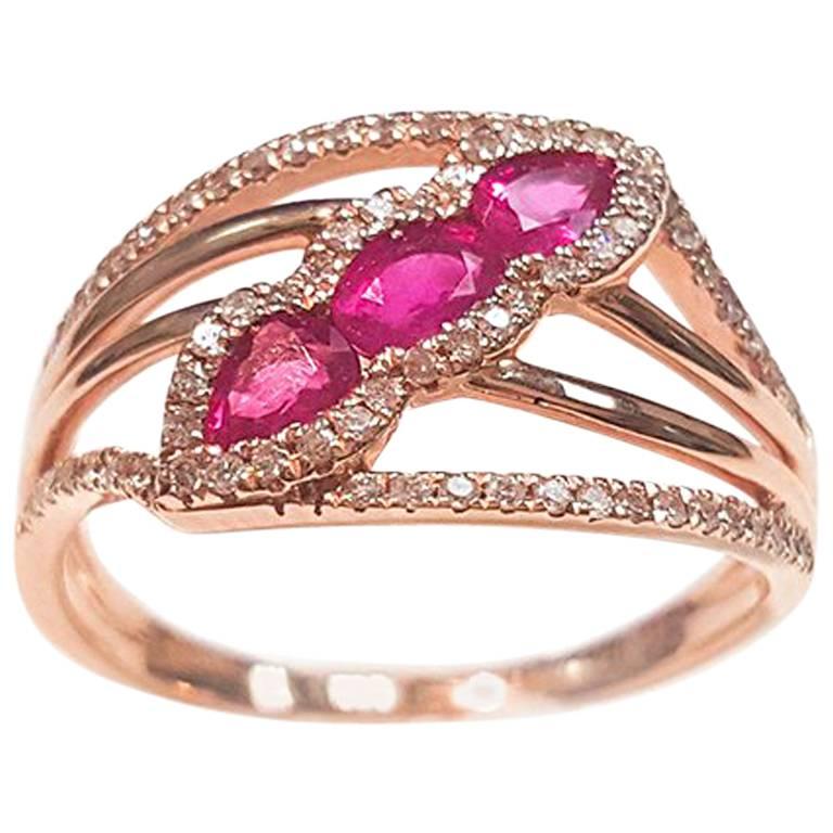 Ladies 14 Karat Rose Gold Rubies and Diamonds Ring For Sale
