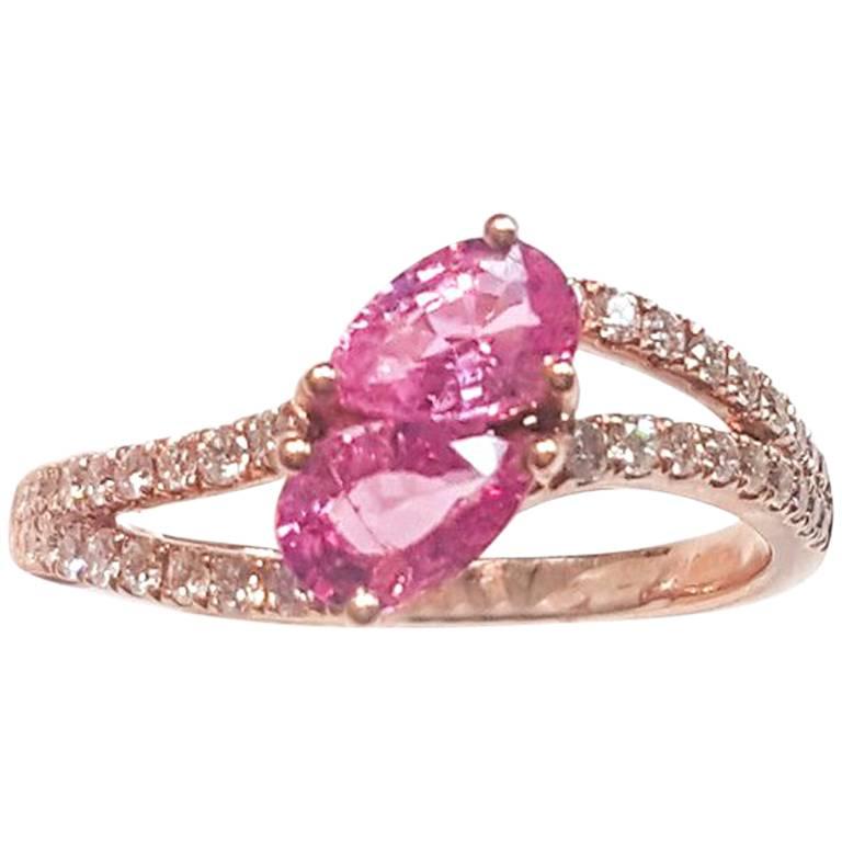 Ladies 14 Karat Rose Gold Pink Sapphire and Diamonds Ring For Sale