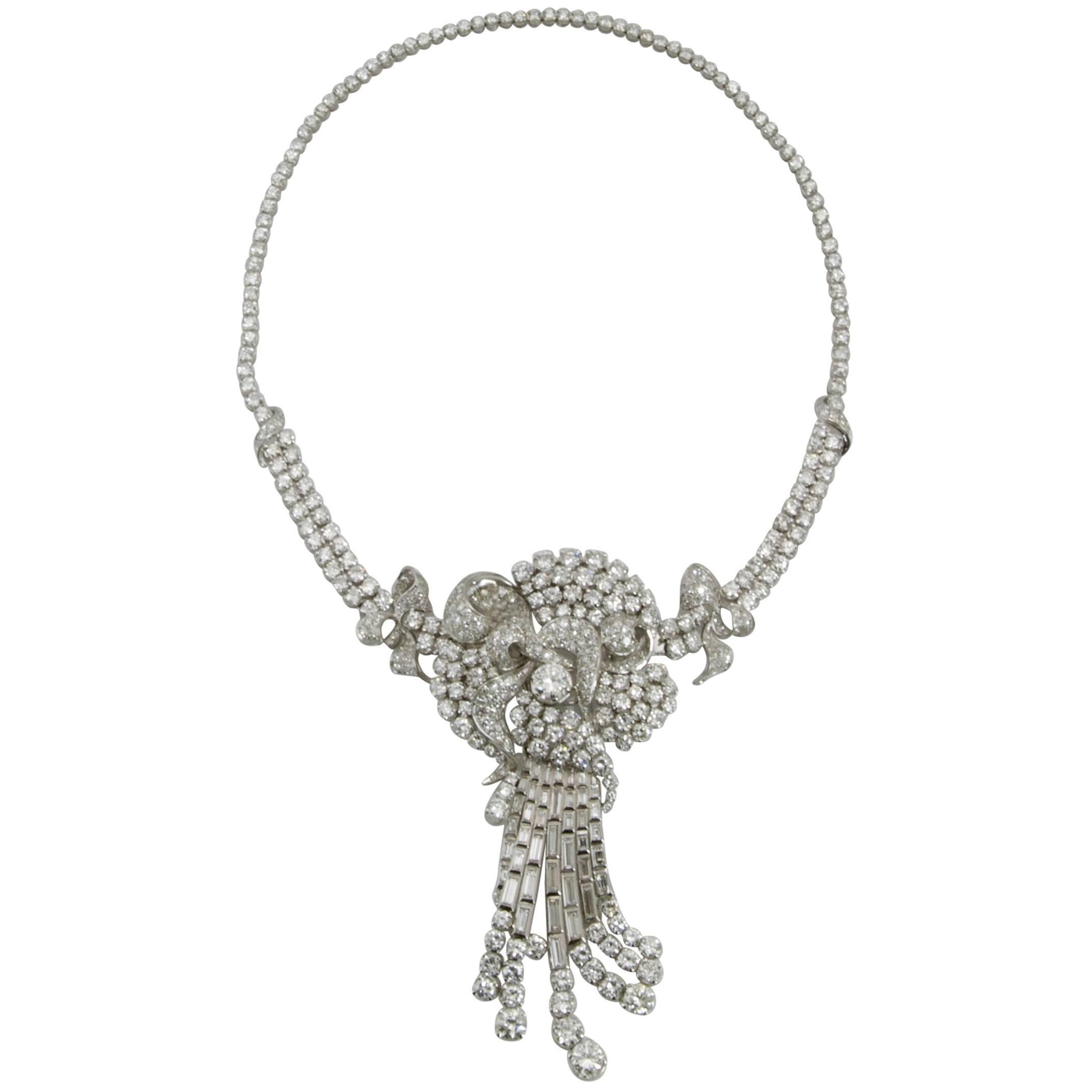 Diamond Platinum Brooch Necklace