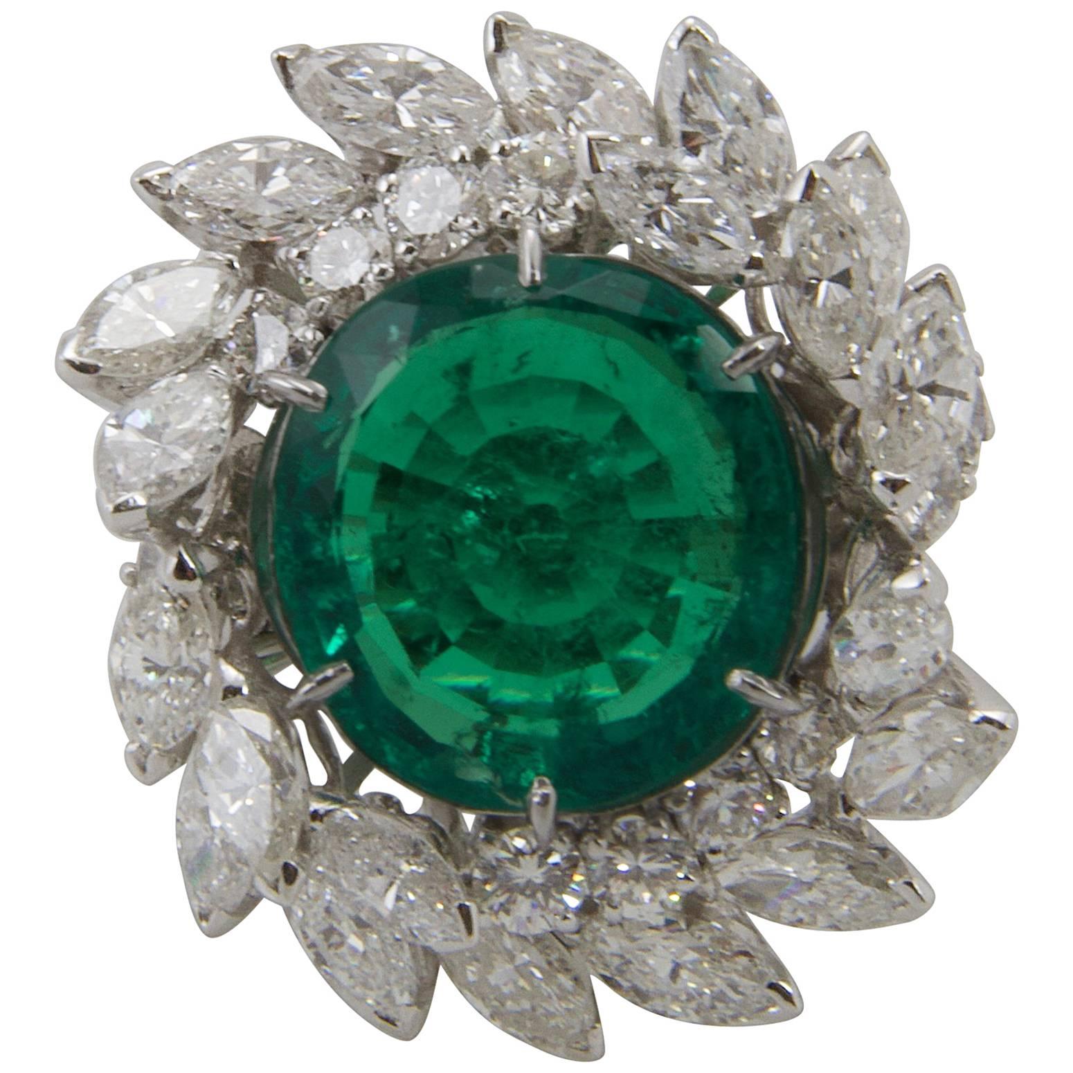 Emerald Diamond Platinum Cocktail Ring For Sale