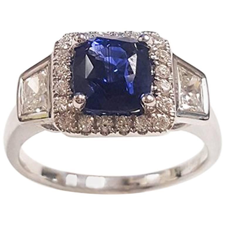 Ladies 14 Karat White Gold Sapphire and Diamonds Ring For Sale