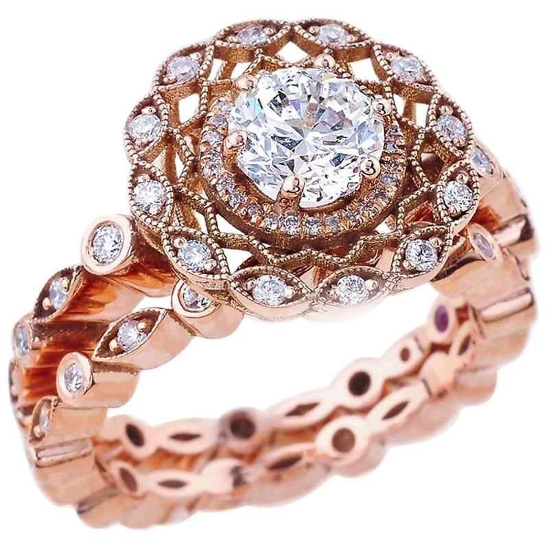 1.00 Carat Round Cut Moissanite Antique Ring in 14 Karat Rose Gold For Sale