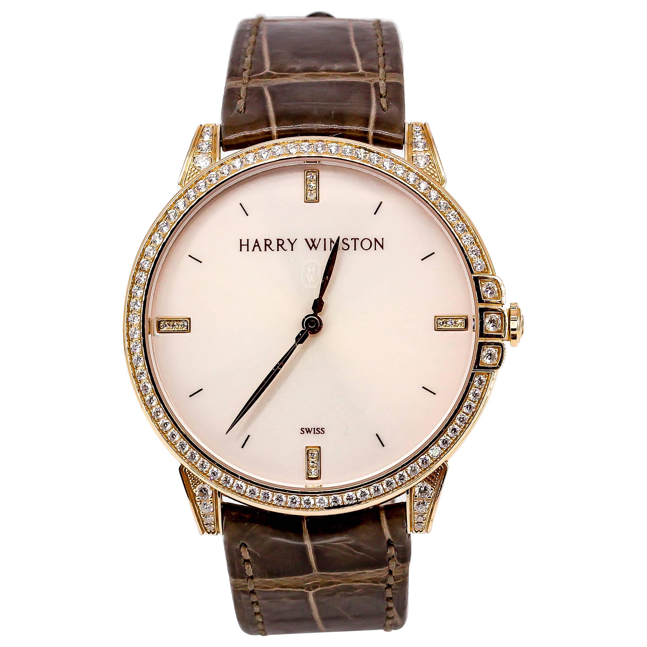 Harry Winston Rose Gold Diamond Midnight Quartz Wristwatch