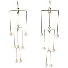 Used Heidi Abrahamson Pearl Brass Kinetic Mobile Earrings