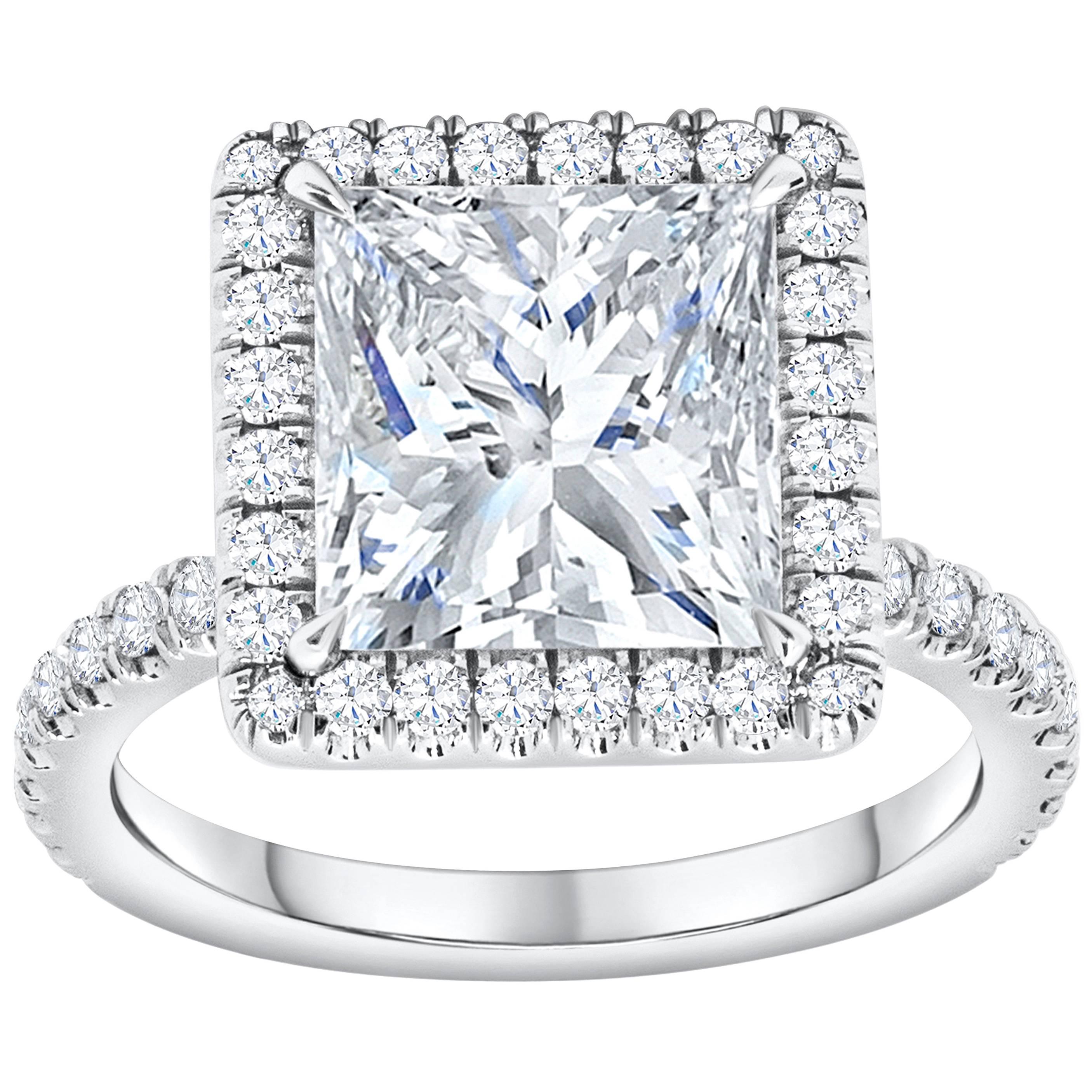 GIA Certified 4.07 Carats Princess Cut Diamond Halo Pavé Engagement Ring