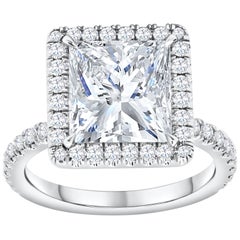 GIA Certified 4.07 Carats Princess Cut Diamond Halo Pave Engagement Ring