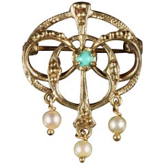 Antique Victorian Gold Brooch Turquoise Pearl 14 Carat, circa 1900
