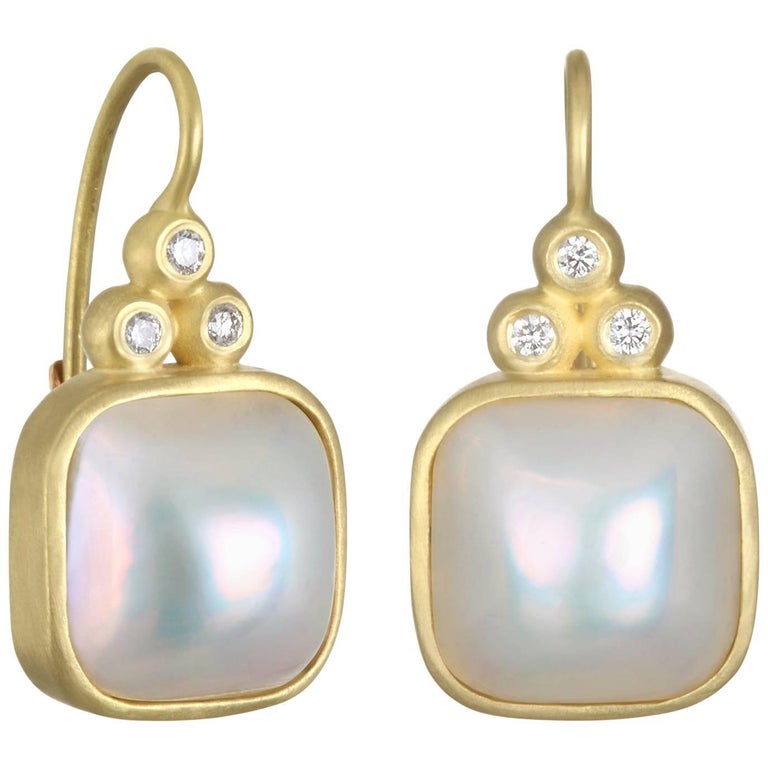 Gold Cushion Mabe Pearl And Diamond Lever Back Earrings For At Gold Cushion Mabe Pearl And Diamond Lever Back Earrings For