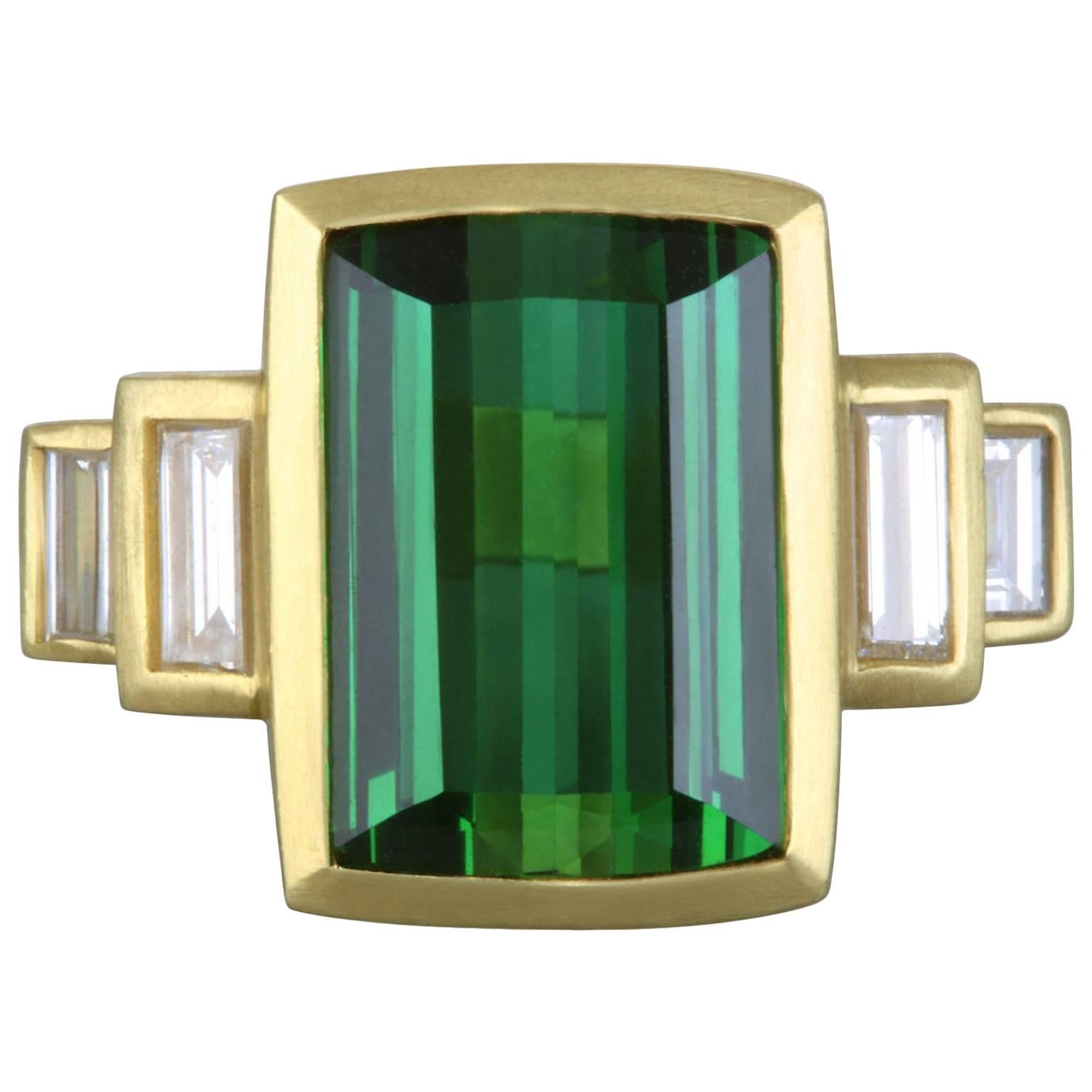 Diamond and Green Tourmaline Emerald Cut Gold Ring