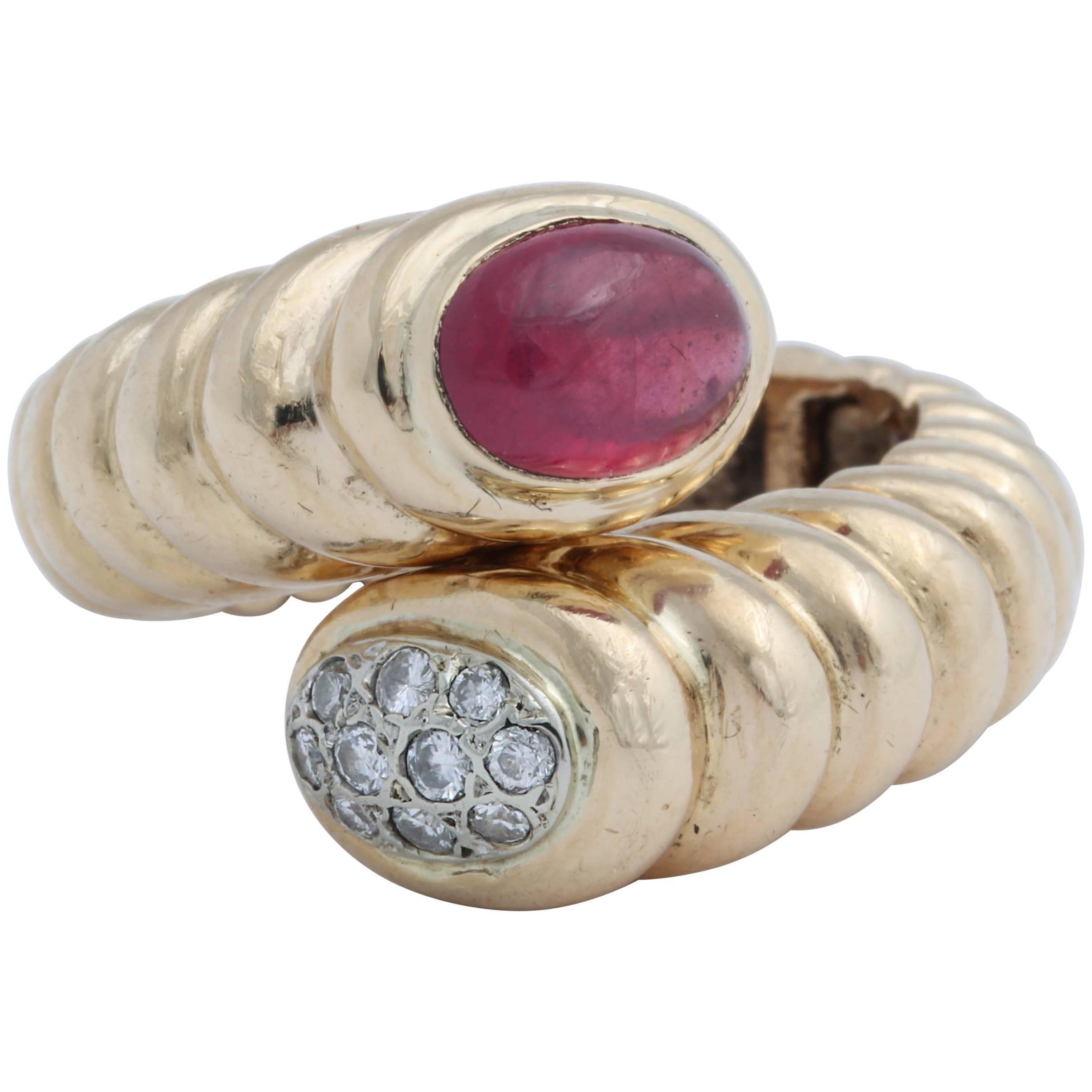 Hinged Oval Cabochon Ruby and Opposing Oval Pave Diamond Ring