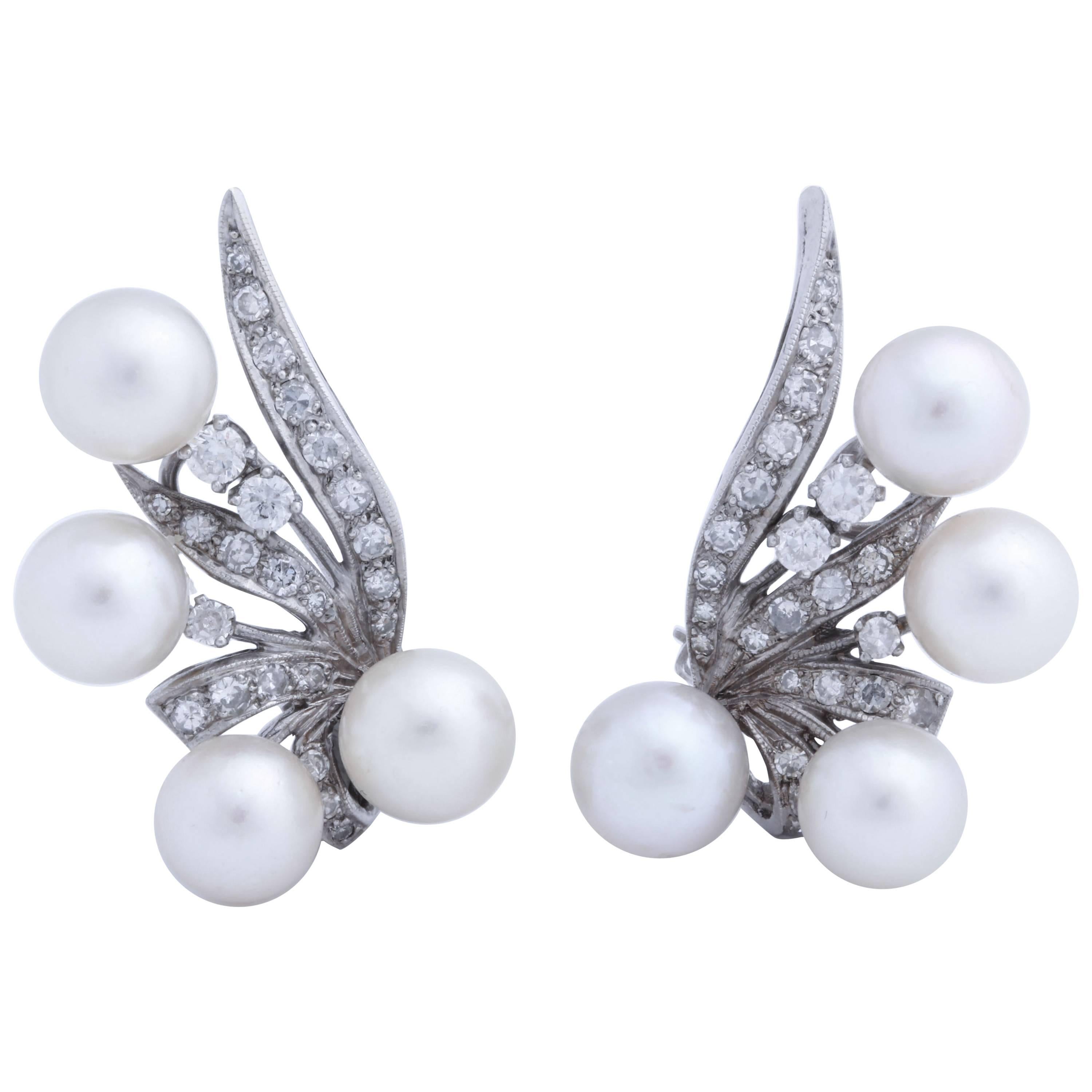 Diamond and Cultured Pearl Feather Earrings For Sale